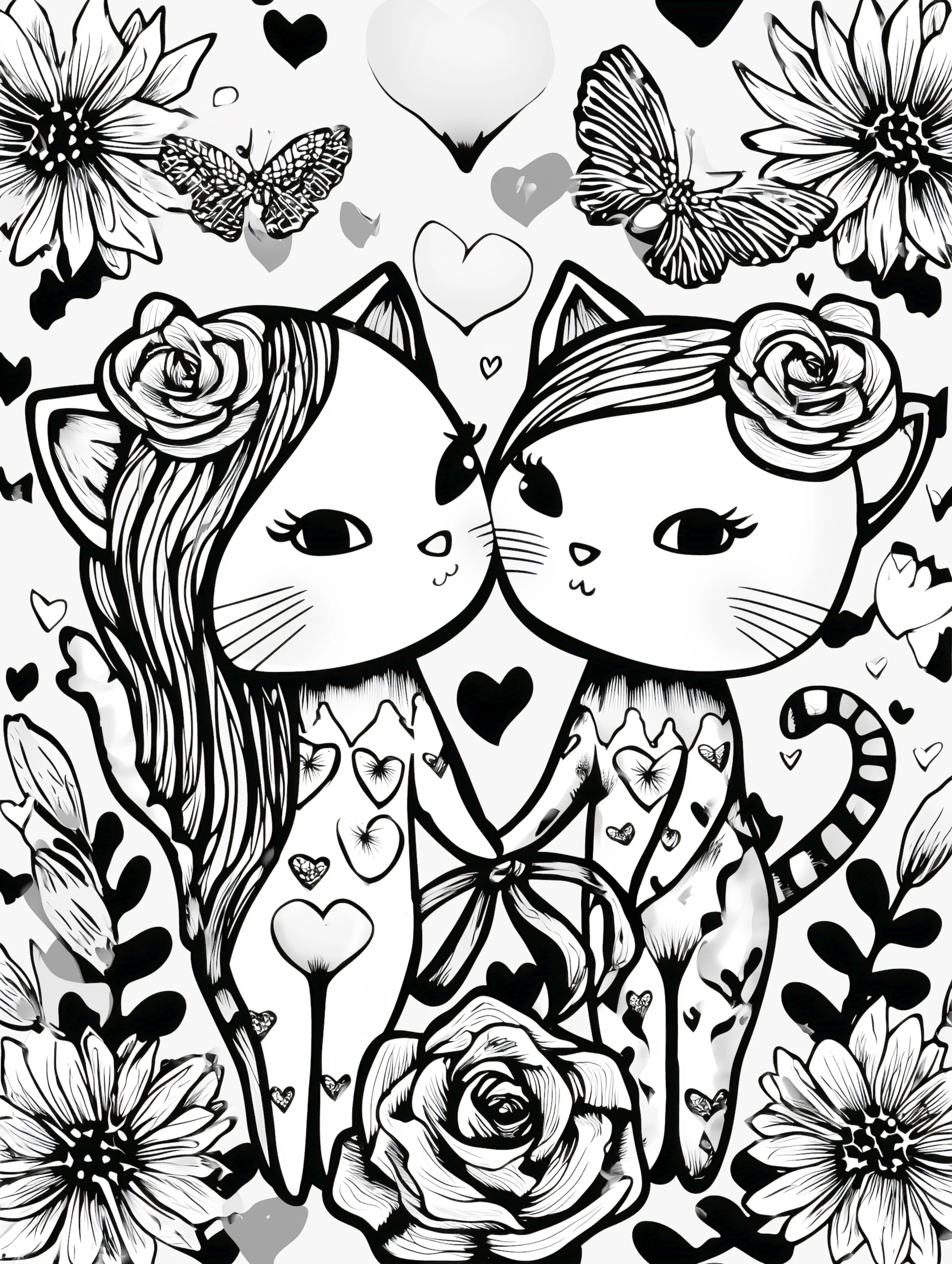 Free printable valentines coloring pages for adults featuring tall cute cats holding hands